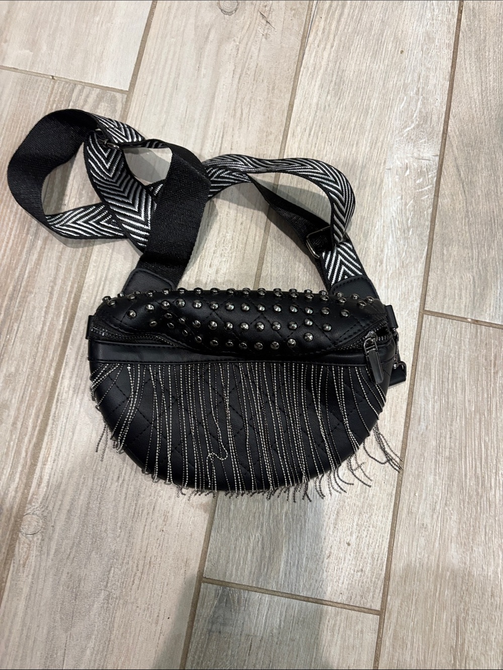 Black Studded Fringe Crossbody Bag with Patterned Strap